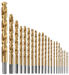 نمای نزدیک از مته پوشش‌دار تیتانیوم با سطح طلایی، مناسب برای سوراخکاری فلزات مختلف با اصطکاک کمتر و دوام بالاتر در کاربردهای صنعتی